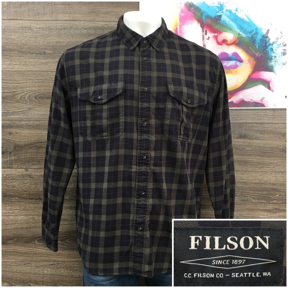 Filson Mens XL Long Sleeve Cotton Button Down Shirt Black Charcoal Plaid Check